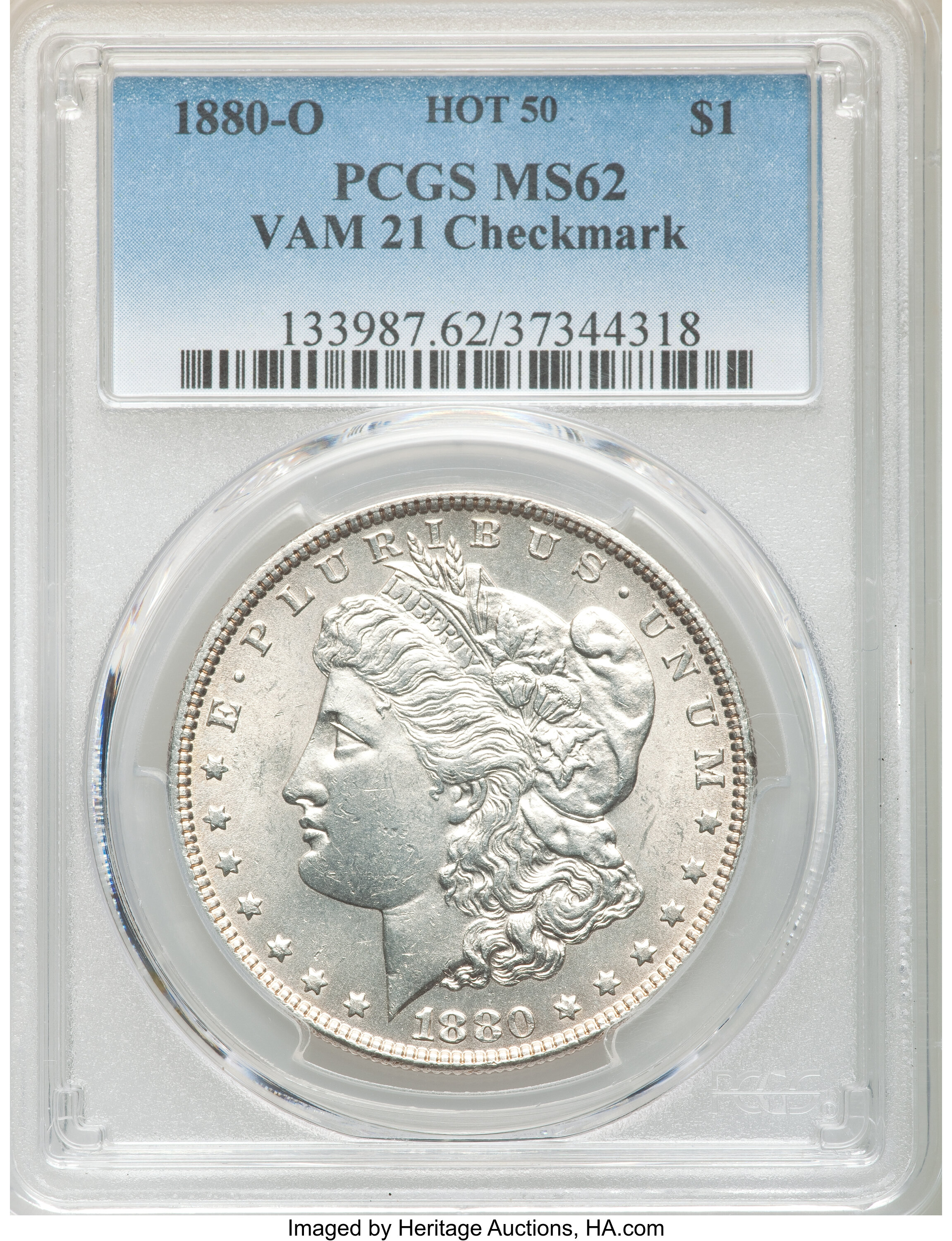 image for: 1880-O $1 Checkmark, VAM-21, Hot 50, MS62 PCGS. PCGS Population: (16/23). NGC Census: (0/0). MS62. ...