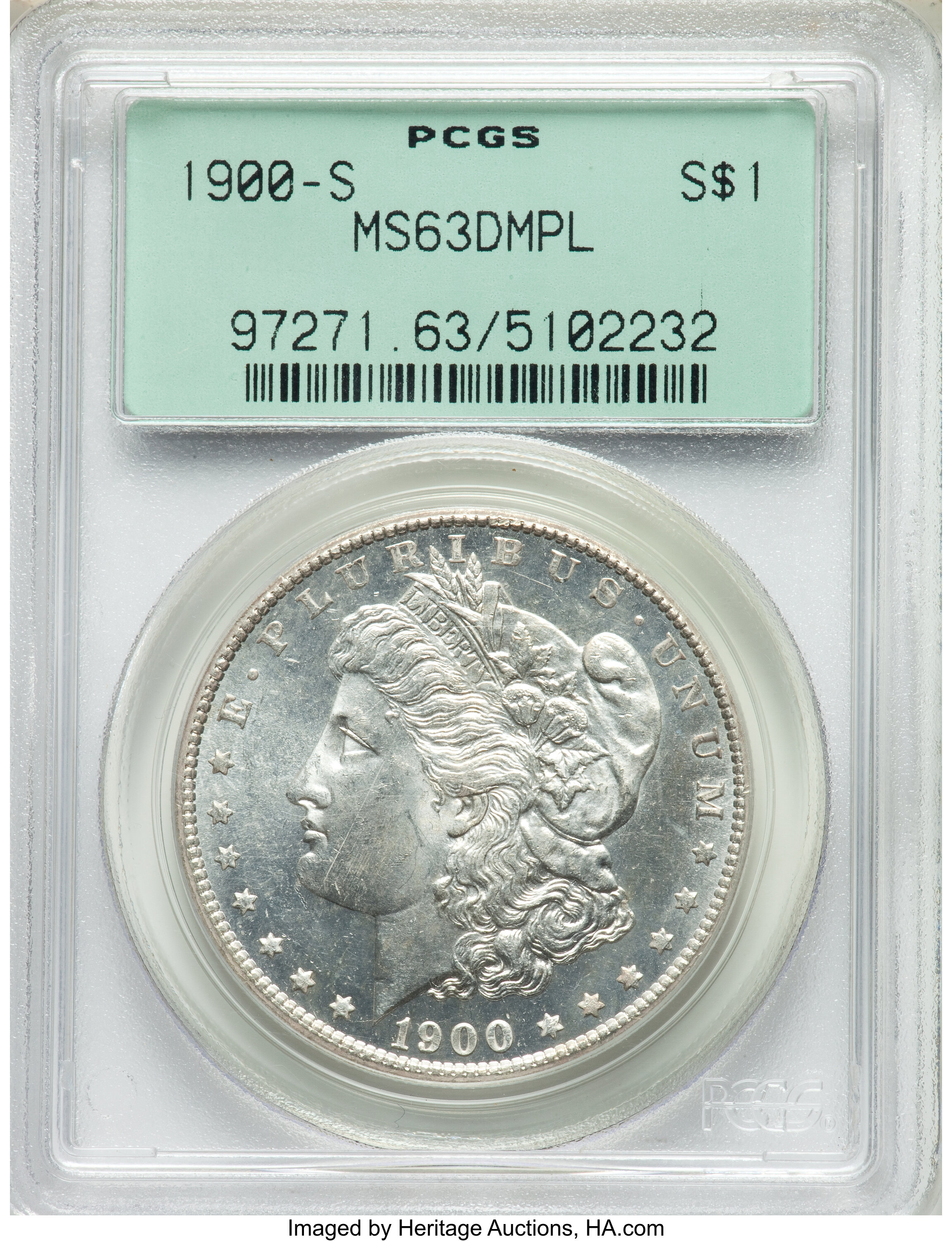 image for: 1900-S $1 MS63 Deep Mirror Prooflike PCGS. PCGS has only certified a total of nine 1900-S Morgan dollars in the Deep Mirror...