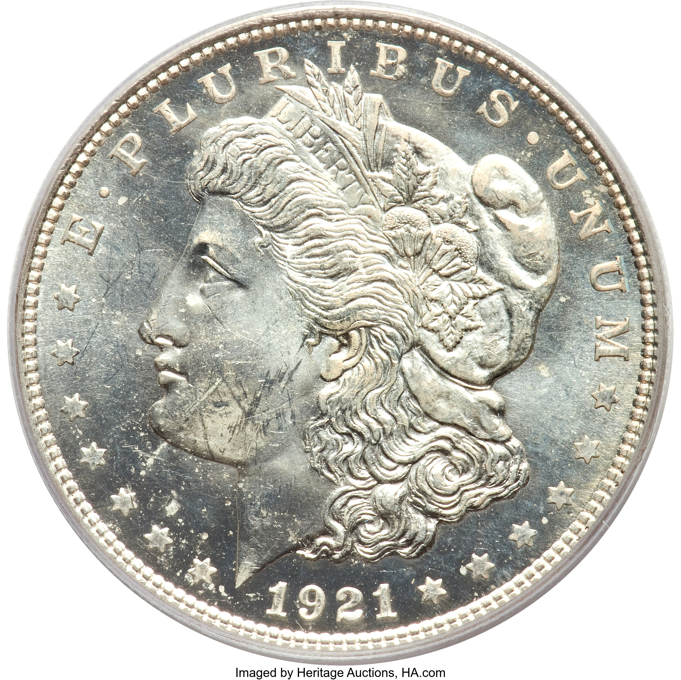 1921 $1 MS63 Deep Mirror Prooflike PCGS. Although readily available in just about any non-Prooflike grade desired, the dece...