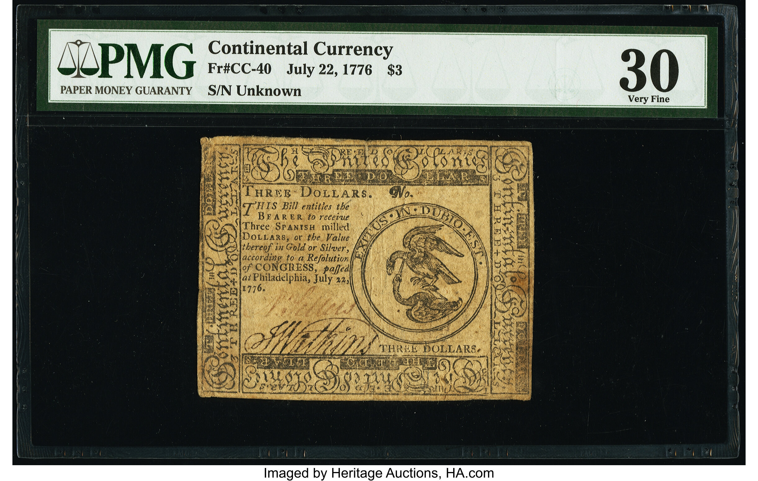 image for: Continental Currency July 22, 1776 $3 PMG Very Fine 30....