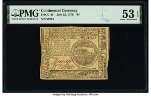image for: Continental Currency July 22, 1776 $4 PMG About Uncirculated 53 EPQ....