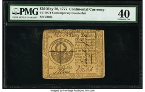 image for: Continental Currency May 20, 1777 $30 Contemporary Counterfeit PMG Extremely Fine 40....