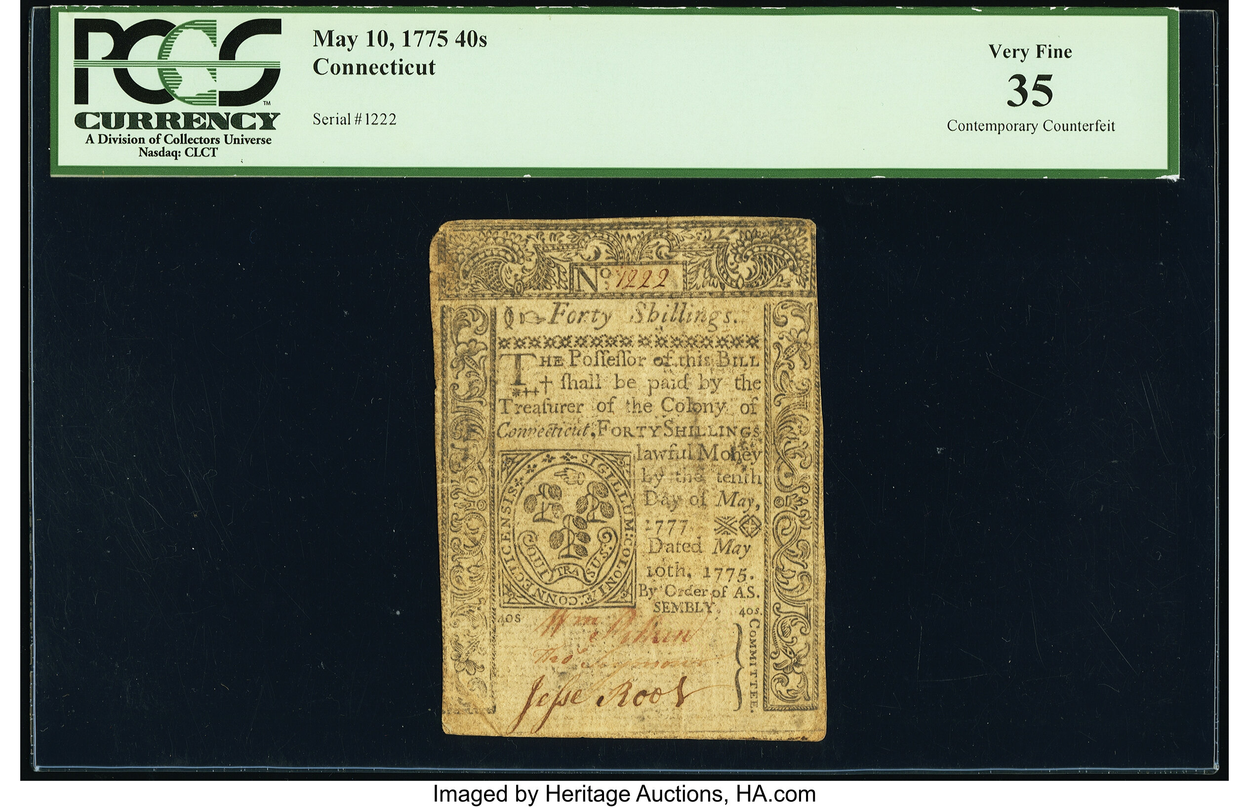 image for: Connecticut May 10, 1775 40s Contemporary Counterfeit PCGS Very Fine 35....