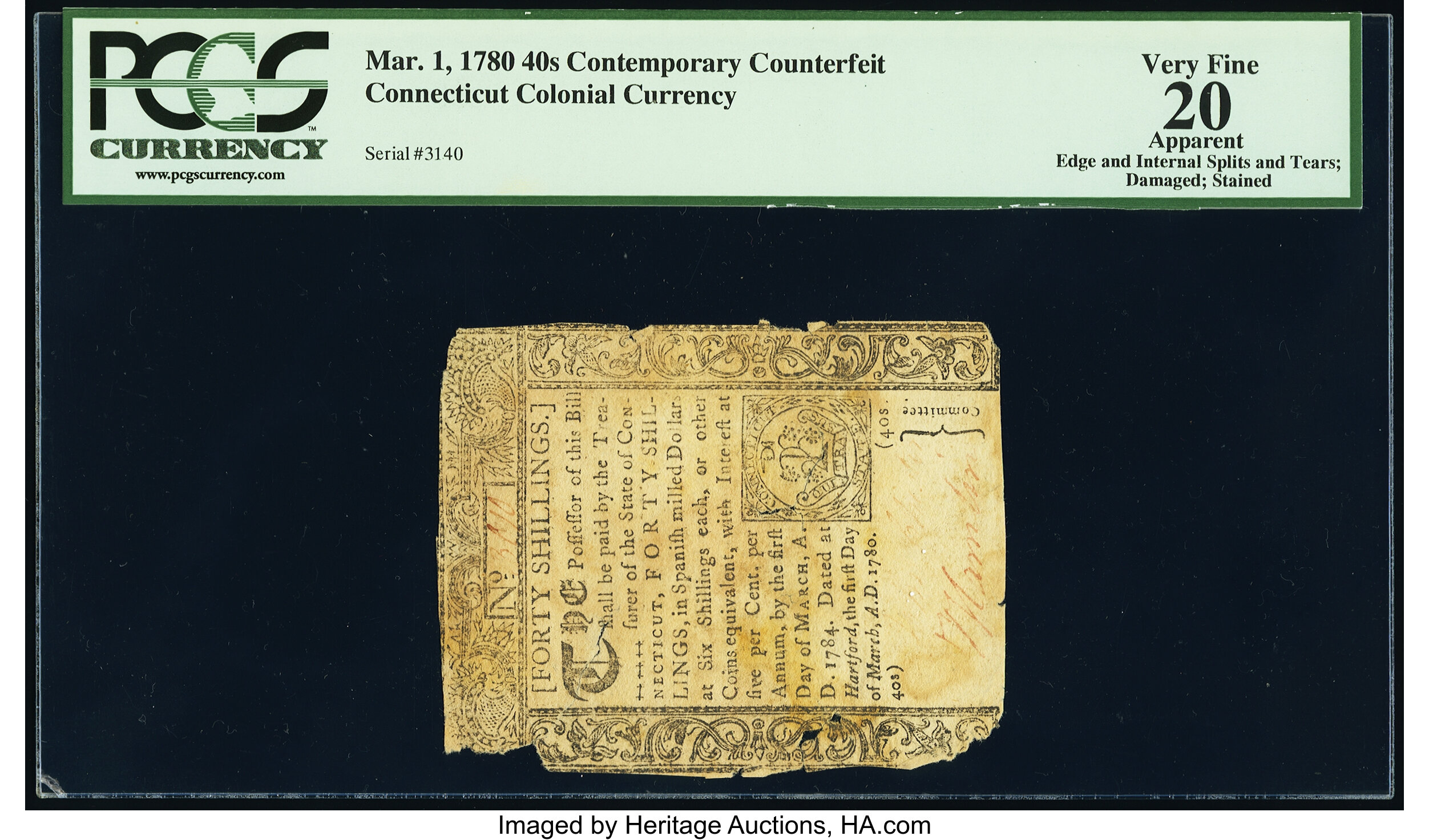 image for: Connecticut March 1, 1780 40s Contemporary Counterfeit PCGS Apparent Very Fine 20....