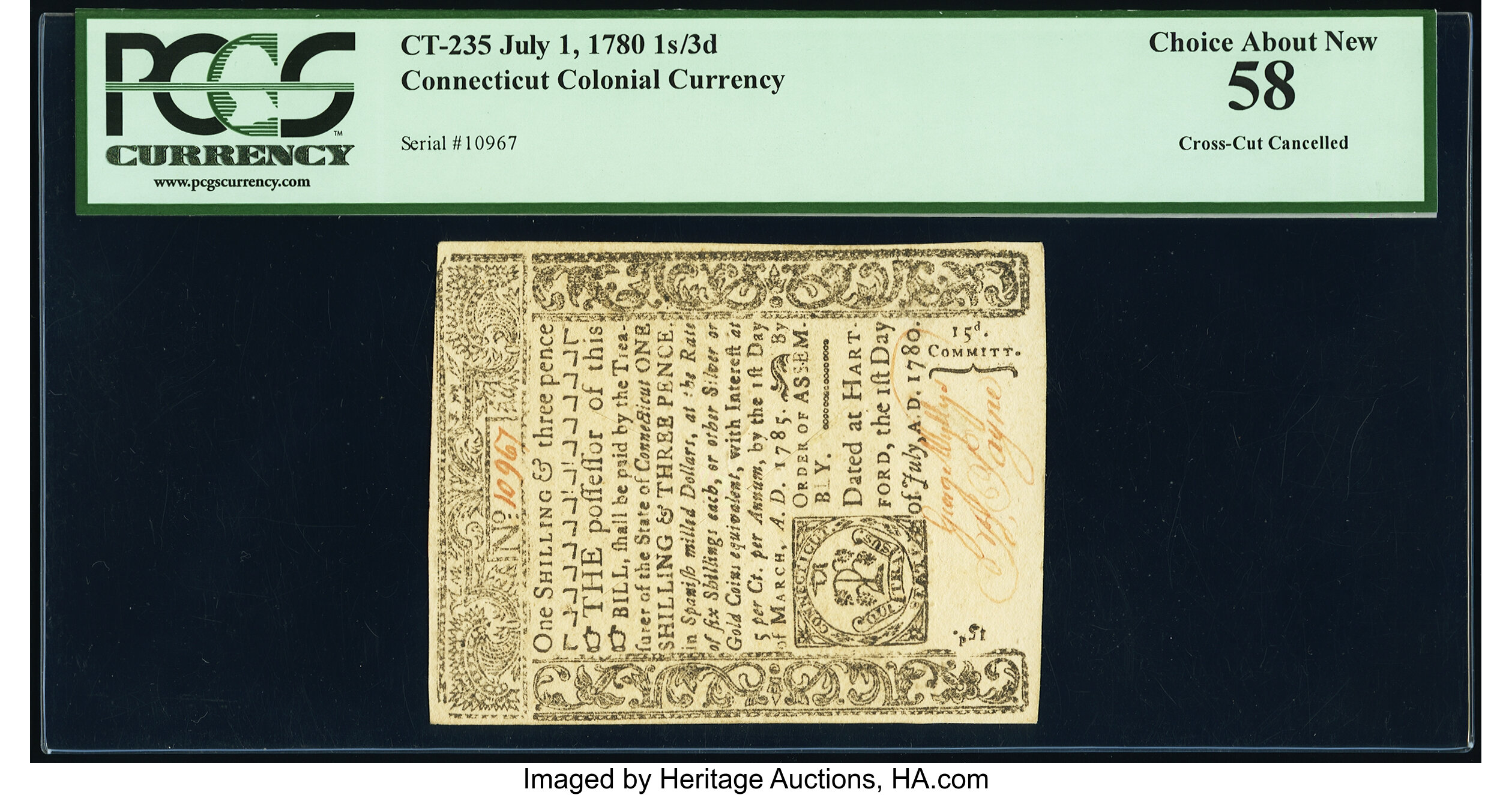 image for: Connecticut July 1, 1780 1s 3d PCGS Choice About New 58....