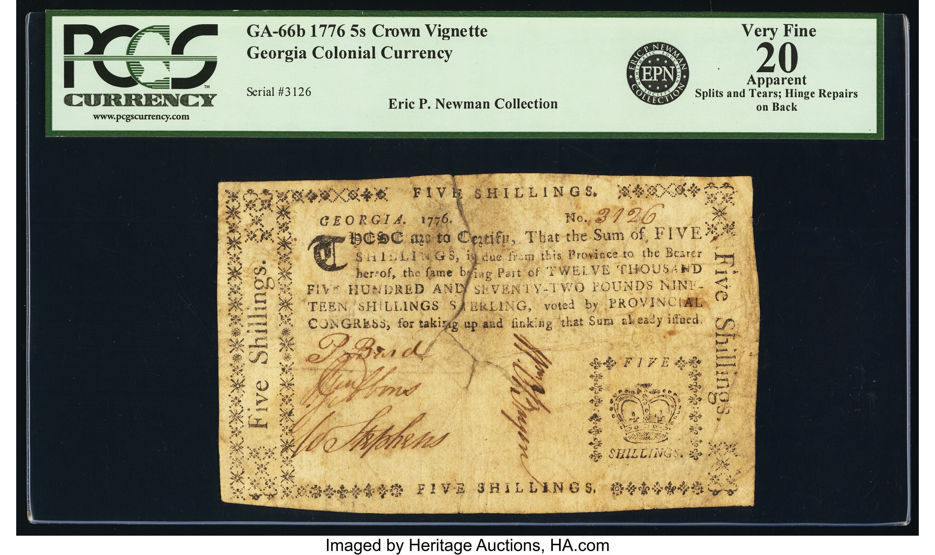 image for: Georgia 1776 - Crown vignette 5s PCGS Apparent Very Fine 20....