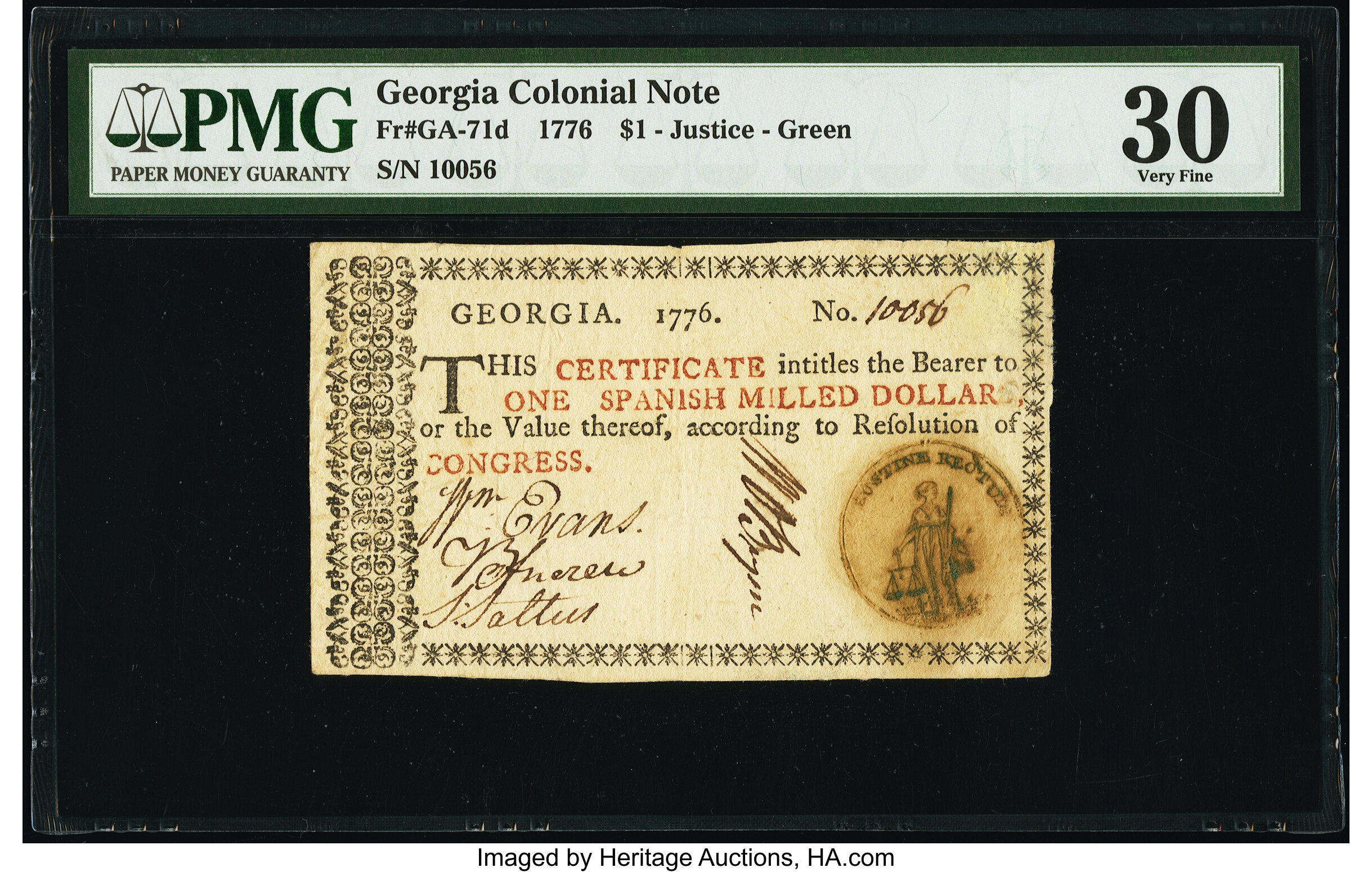 image for: Georgia 1776 $1 Green Seal PMG Very Fine 30....