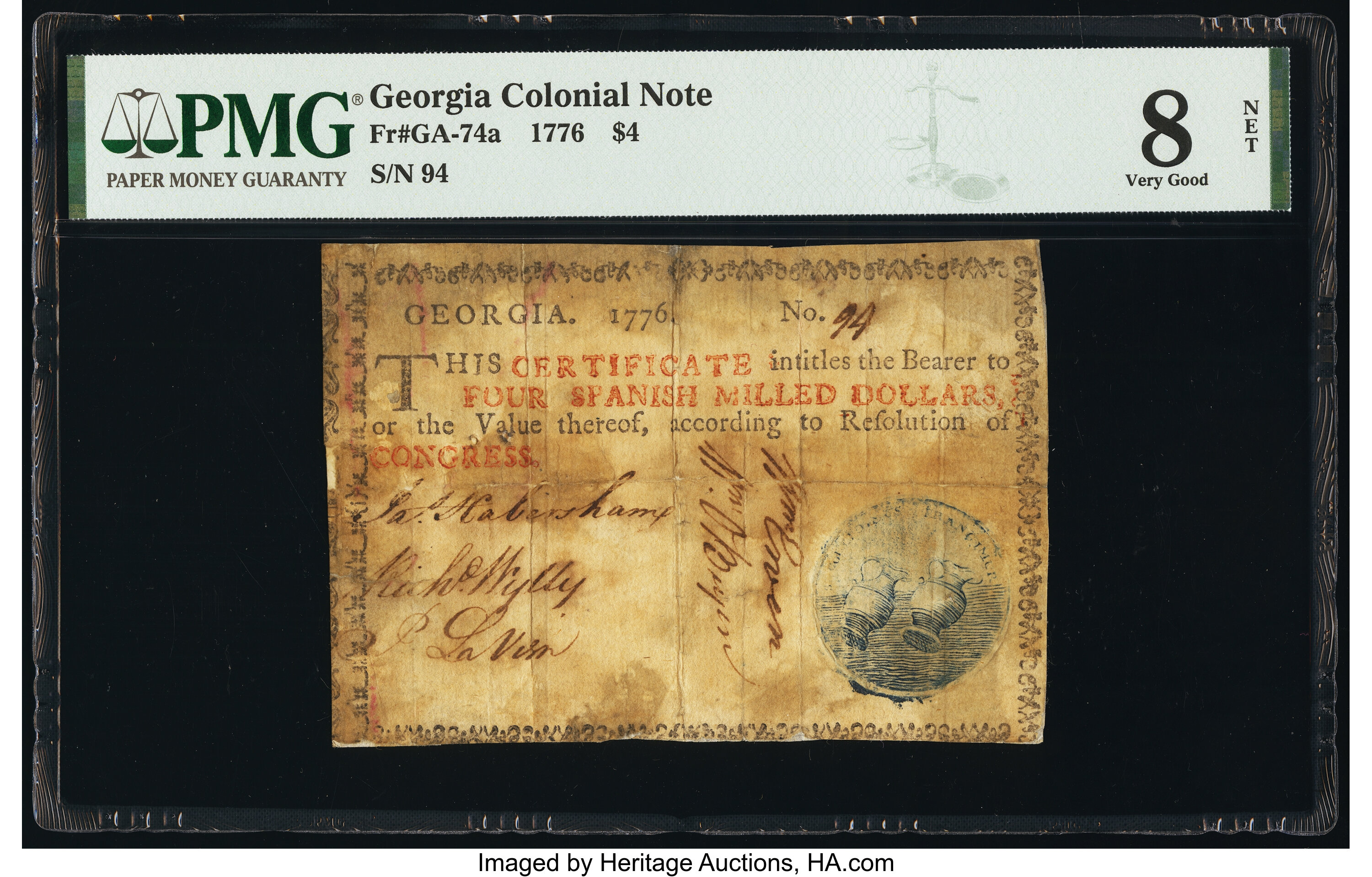 image for: Georgia 1776 $4 PMG Very Good 8 Net....