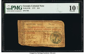 image for: Georgia 1777 $15 PMG Very Good 10 Net....