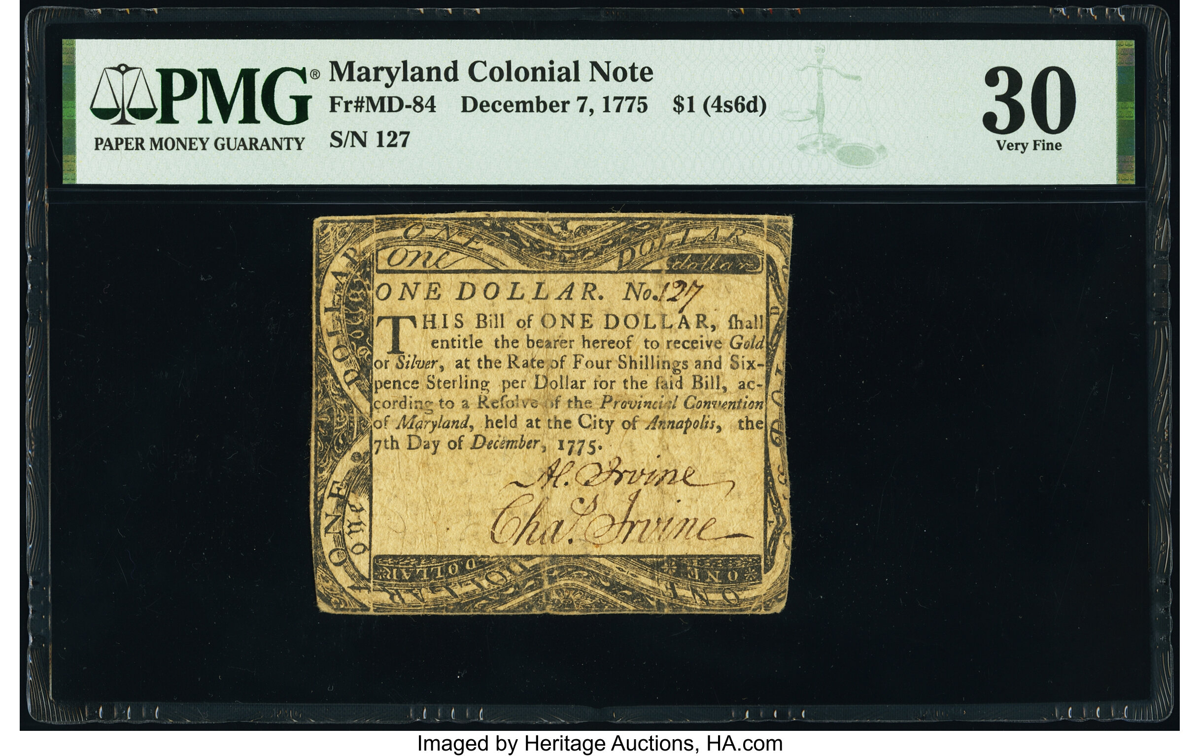 image for: Maryland December 7, 1775 $1 PMG Very Fine 30....