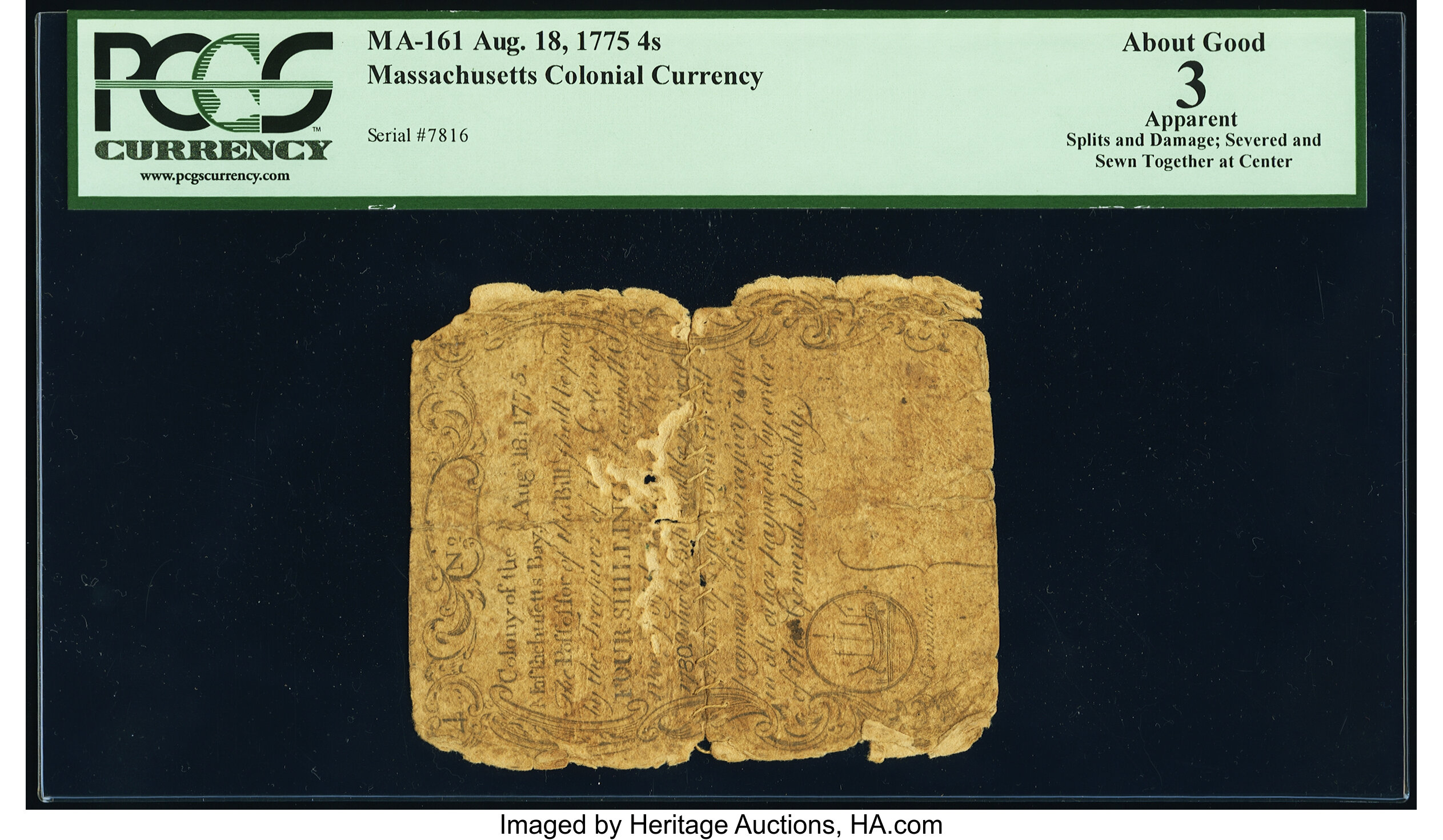 image for: Massachusetts August 18, 1775 4s PCGS Apparent About Good 3....