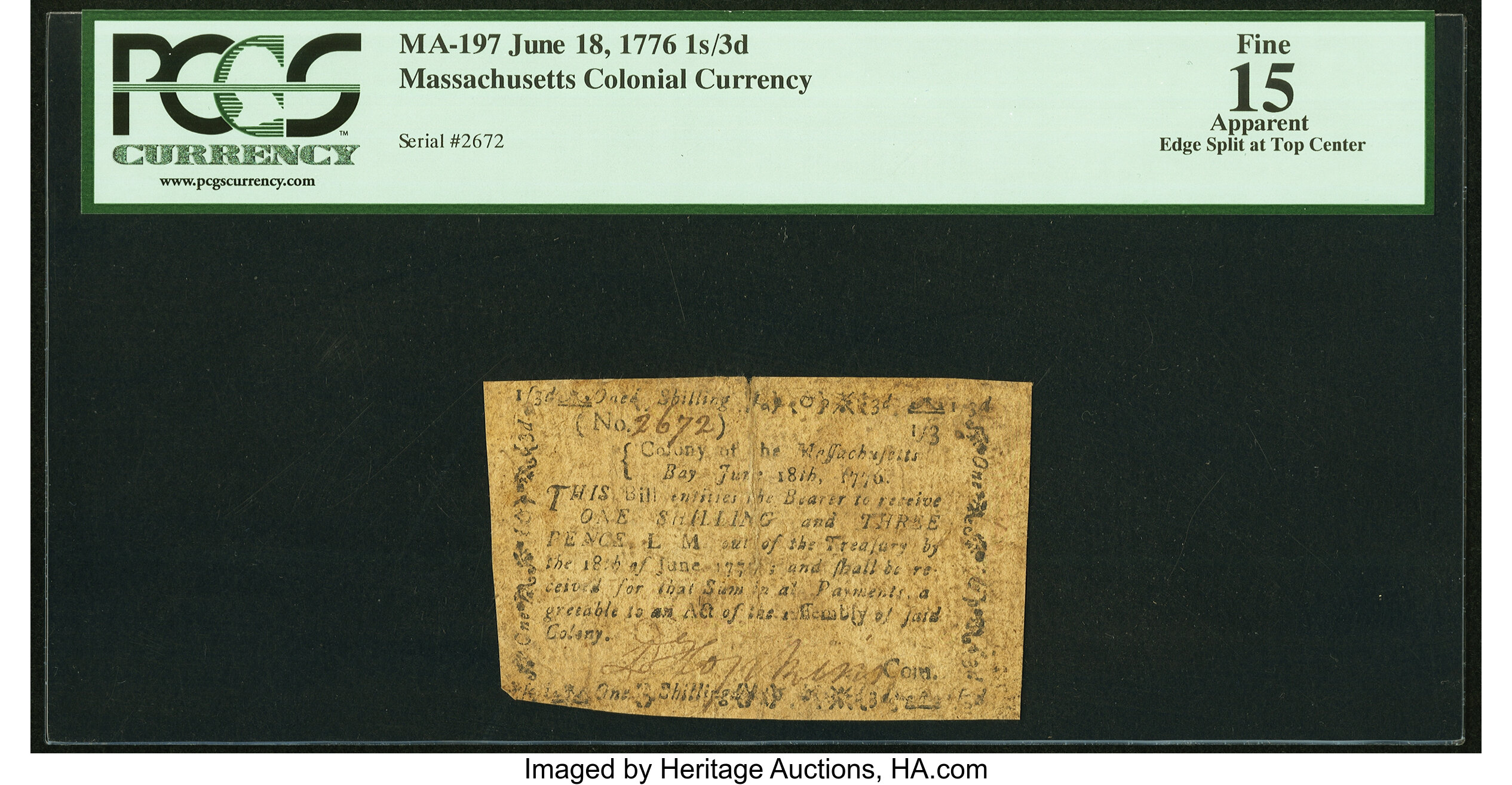 image for: Massachusetts June 18, 1776 1s 3d PCGS Apparent Fine 15....