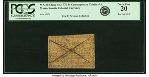 image for: Massachusetts June 18, 1776 5s Contemporary Counterfeit PCGS Very Fine 20....