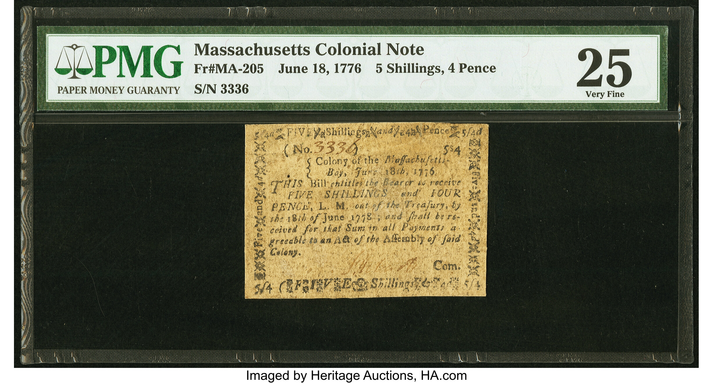 image for: Massachusetts June 18, 1776 5s 4d PMG Very Fine 25....