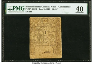 image for: Massachusetts June 18, 1776 $4 (24s) Contemporary Counterfeit PMG Extremely Fine 40....