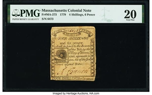 image for: Massachusetts 1779 4s 6d PMG Very Fine 20....