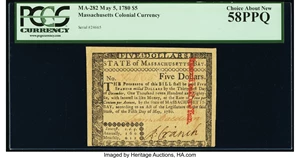 image for: Massachusetts May 5, 1780 $5 PCGS Choice About New 58PPQ....
