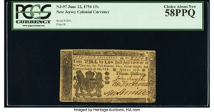 image for: New Jersey June 22, 1756 15s PCGS Choice About New 58PPQ....