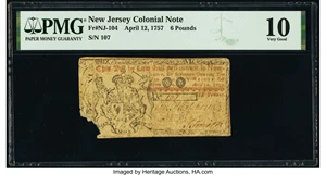 image for: New Jersey April 12, 1757 £6 PMG Very Good 10....