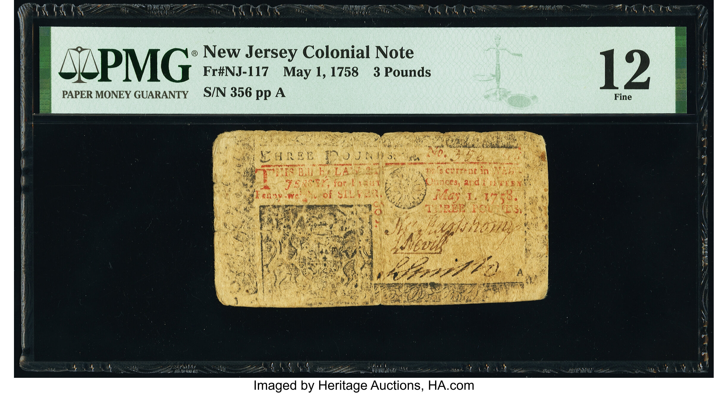 image for: New Jersey May 1, 1758 £3 PMG Fine 12....