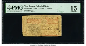 image for: New Jersey April 12, 1760 £3 PMG Choice Fine 15....