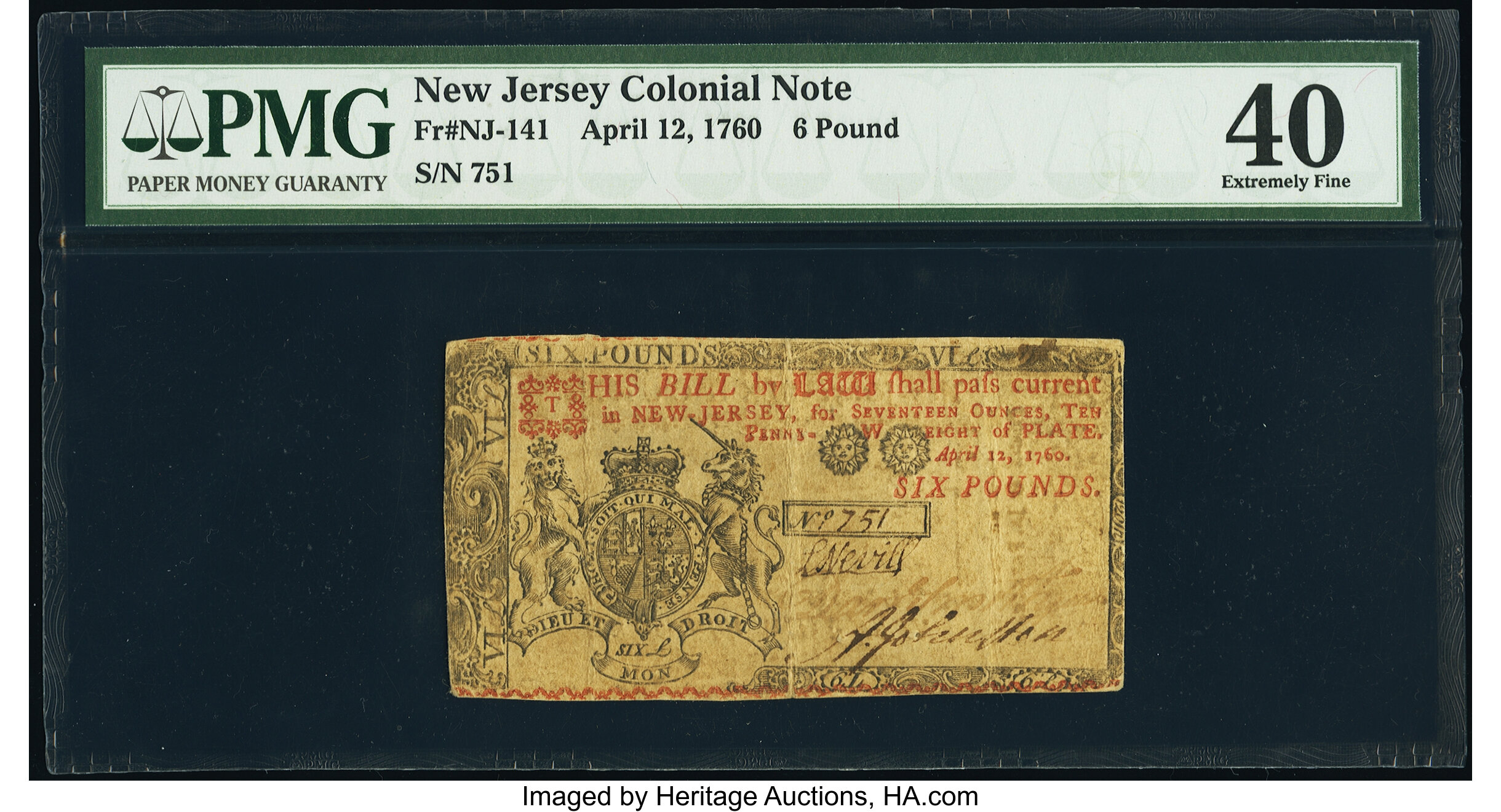 image for: New Jersey April 12, 1760 £6 PMG Extremely Fine 40....