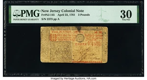 image for: New Jersey April 23, 1761 £3 PMG Very Fine 30....