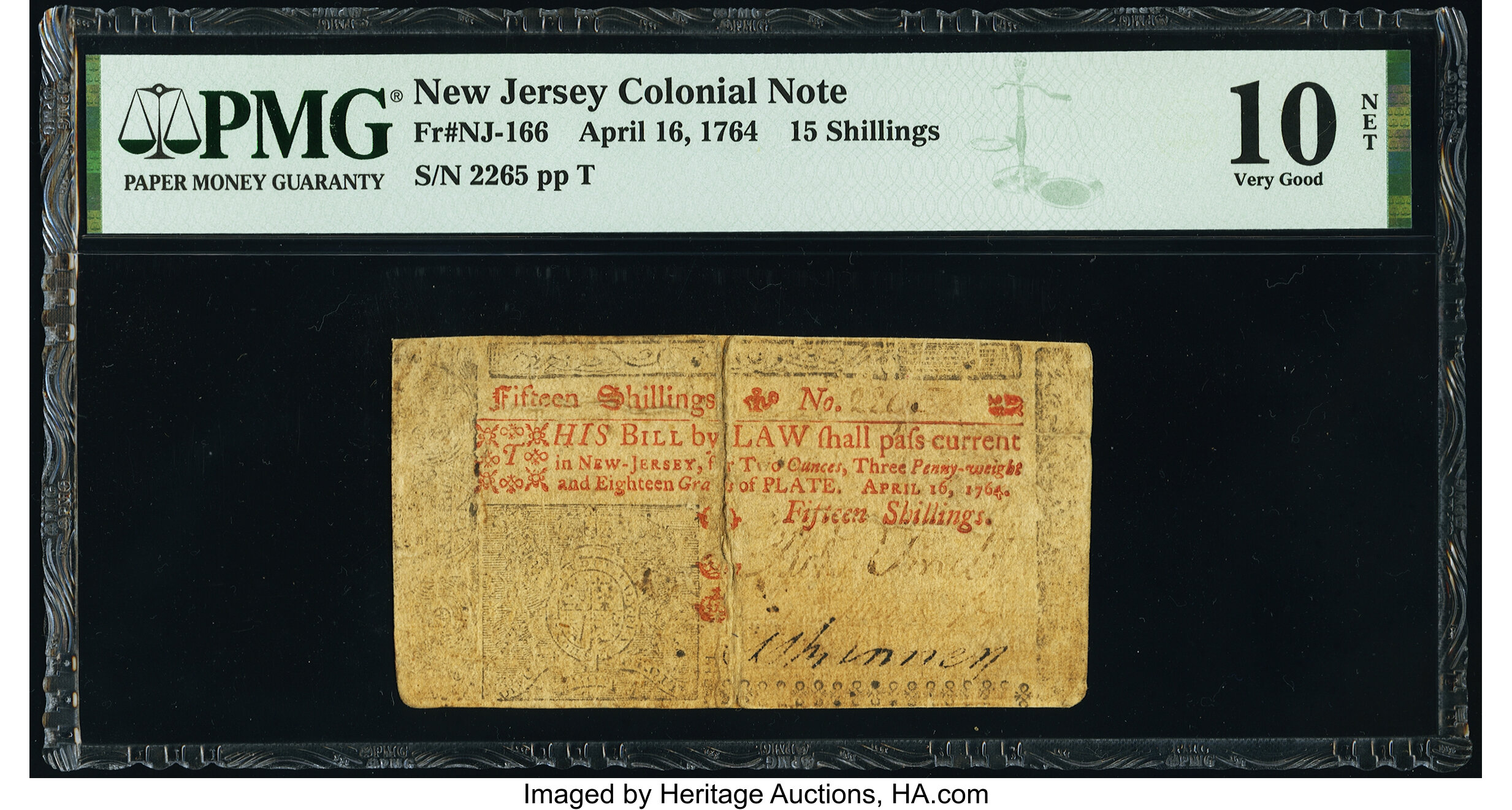 image for: New Jersey April 16, 1764 15s PMG Very Good 10 Net....