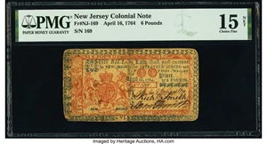 image for: New Jersey April 16, 1764 £6 PMG Choice Fine 15 Net....