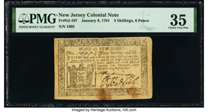 image for: New Jersey January 9, 1781 3s 6d PMG Choice Very Fine 35....