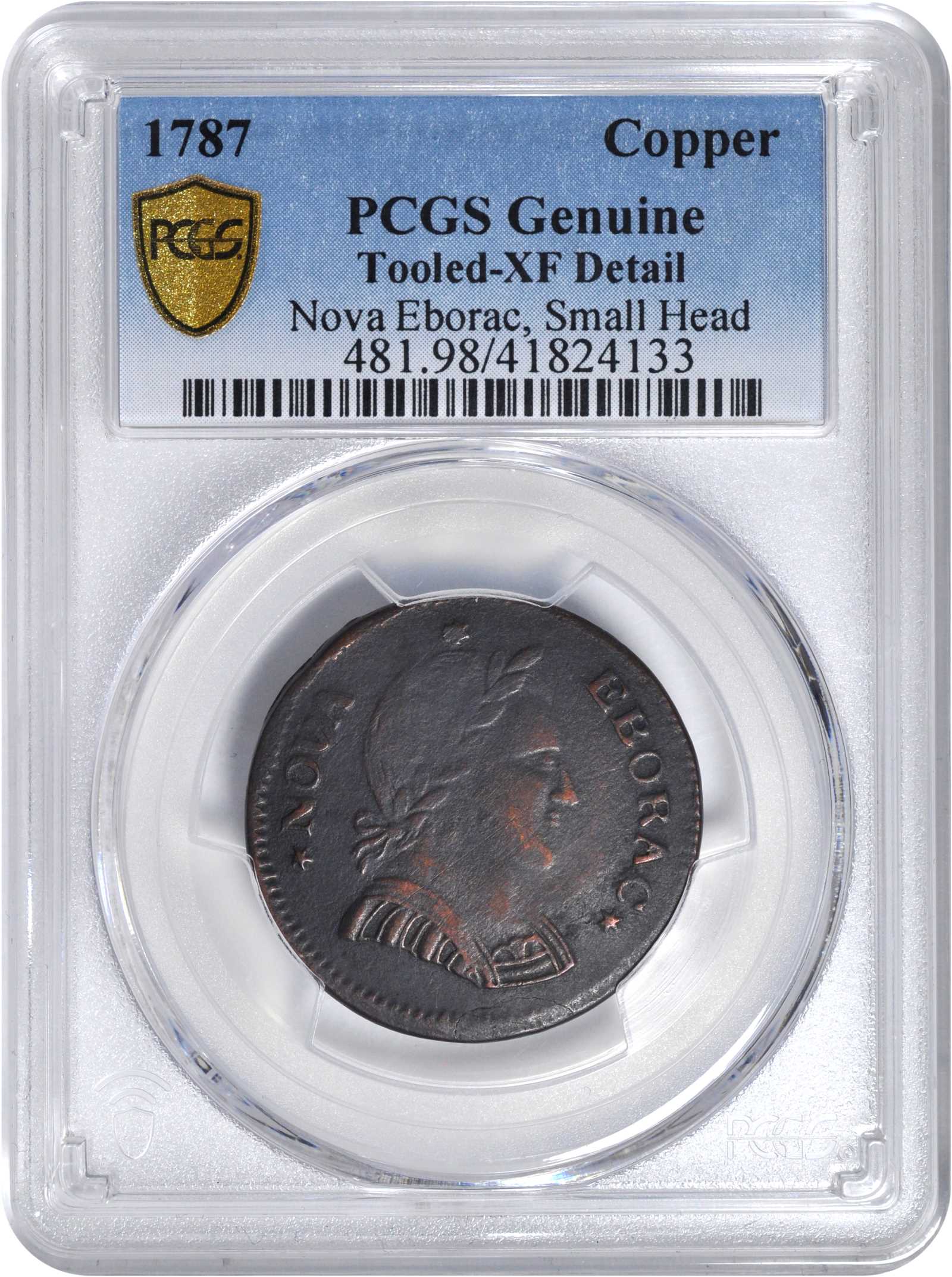 image for: 1787 Nova Eborac Copper. W-5765. Rarity-6+. Small Head. EF Details--Tooled (PCGS).