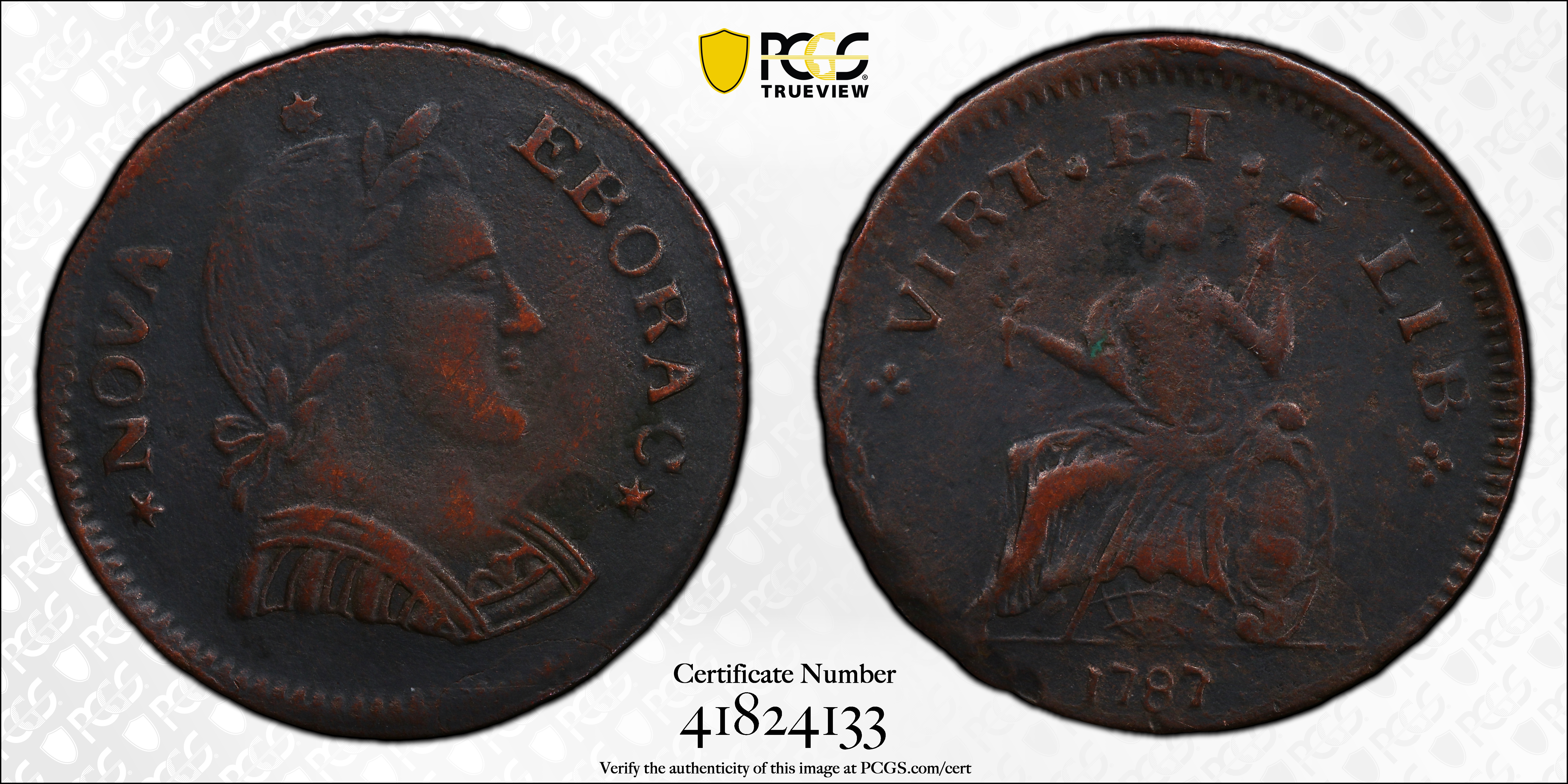 image for: 1787 Nova Eborac Copper. W-5765. Rarity-6+. Small Head. EF Details--Tooled (PCGS).