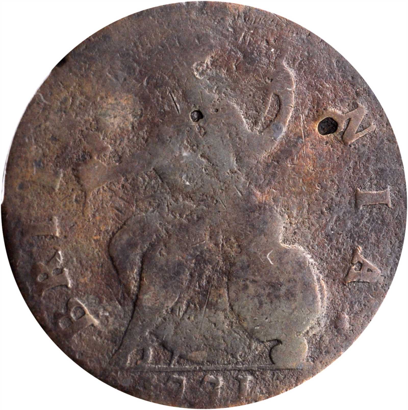 image for: 1771 Machin's Mills Halfpenny. Vlack 2-71A, W-7670. Rarity-4. GEORGIVS III, Group I. VG Details--Environmental Damage (PCGS).