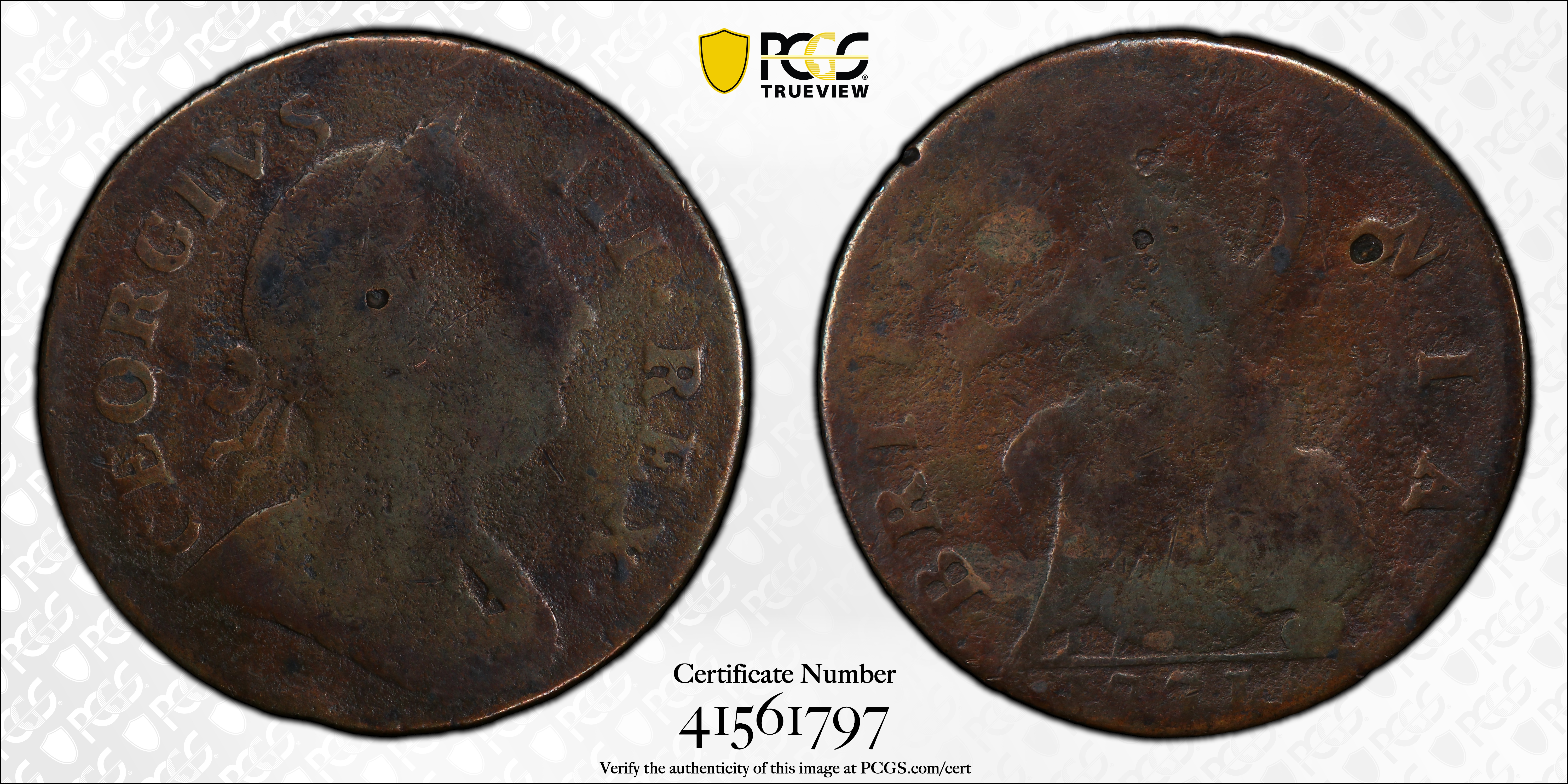 image for: 1771 Machin's Mills Halfpenny. Vlack 2-71A, W-7670. Rarity-4. GEORGIVS III, Group I. VG Details--Environmental Damage (PCGS).
