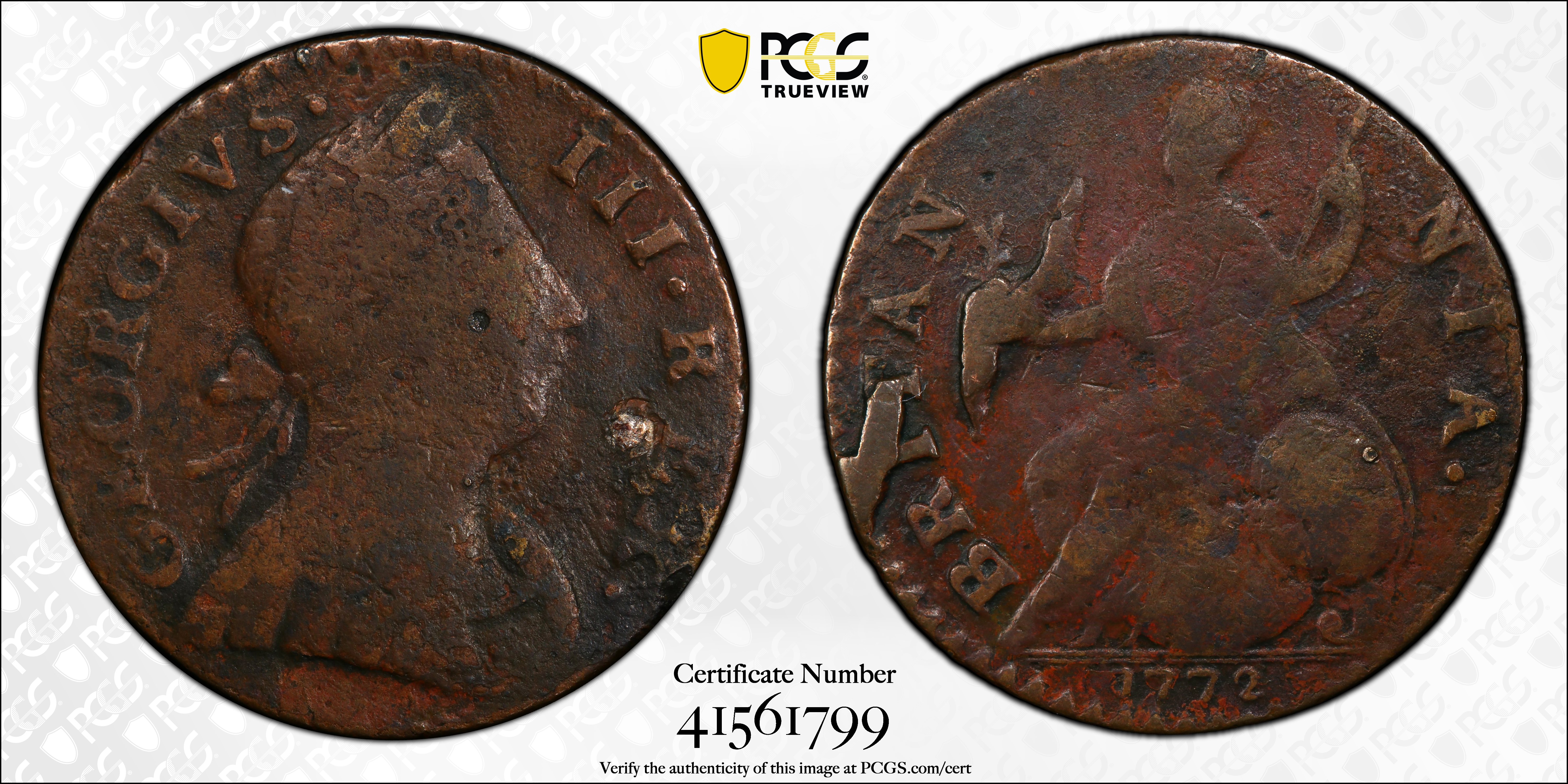 image for: 1772 Machin's Mills Halfpenny. Vlack 6-72A, W-7720. Rarity-6. GEORGIVS III, Group I. VF Details--Environmental Damage (PCGS).