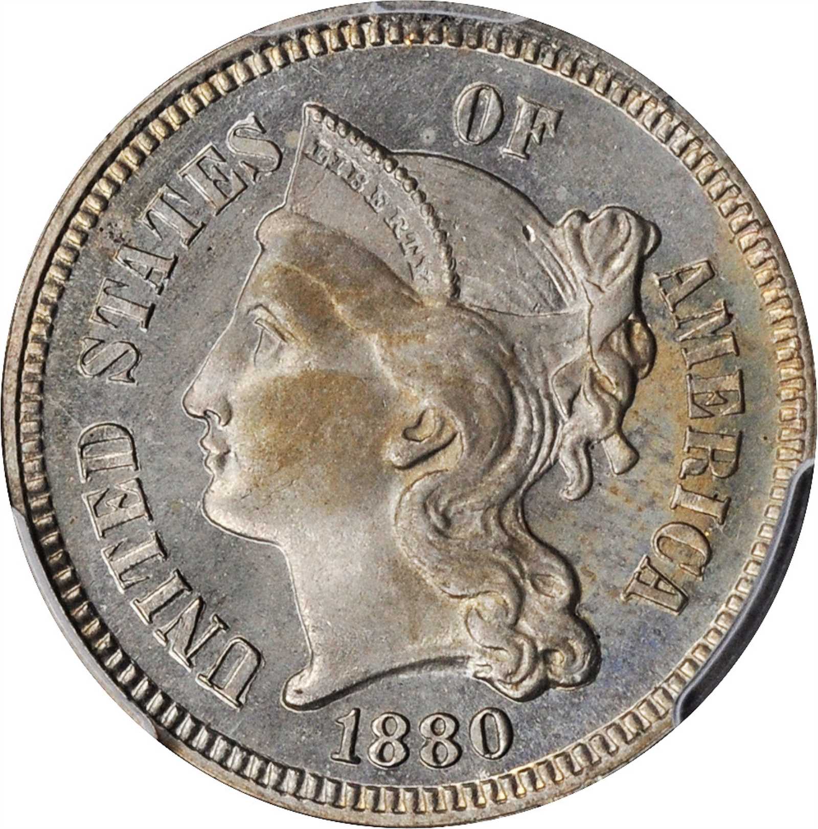 1880 Nickel Three-Cent Piece. Proof. Unc Details--Corrosion Removed (PCGS).