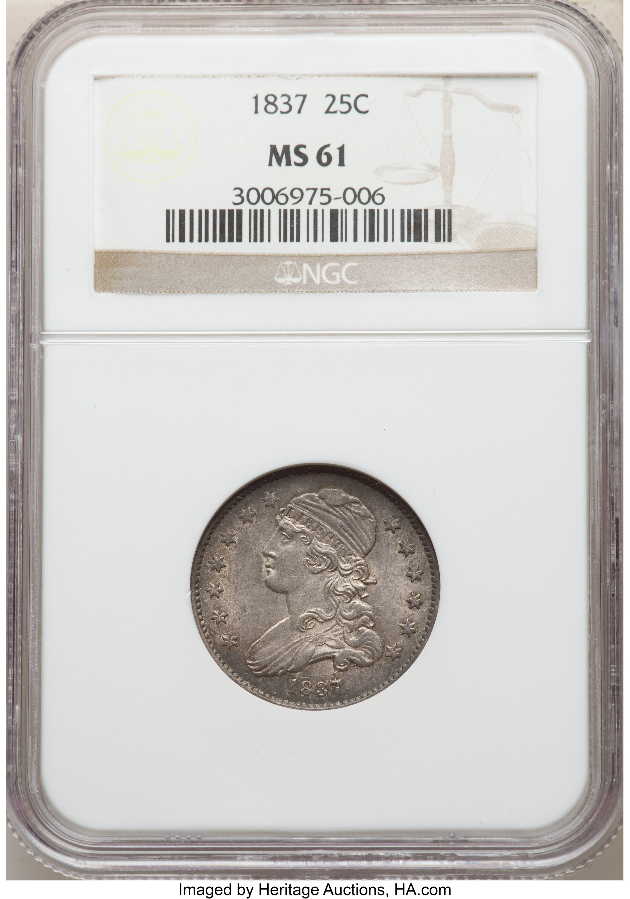 1837 25C MS61 NGC. NGC Census: (4/78). PCGS Population: (1/72). CDN: $1,600 Whsle. Bid for NGC/PCGS MS61. Mintage 252,400. ...
