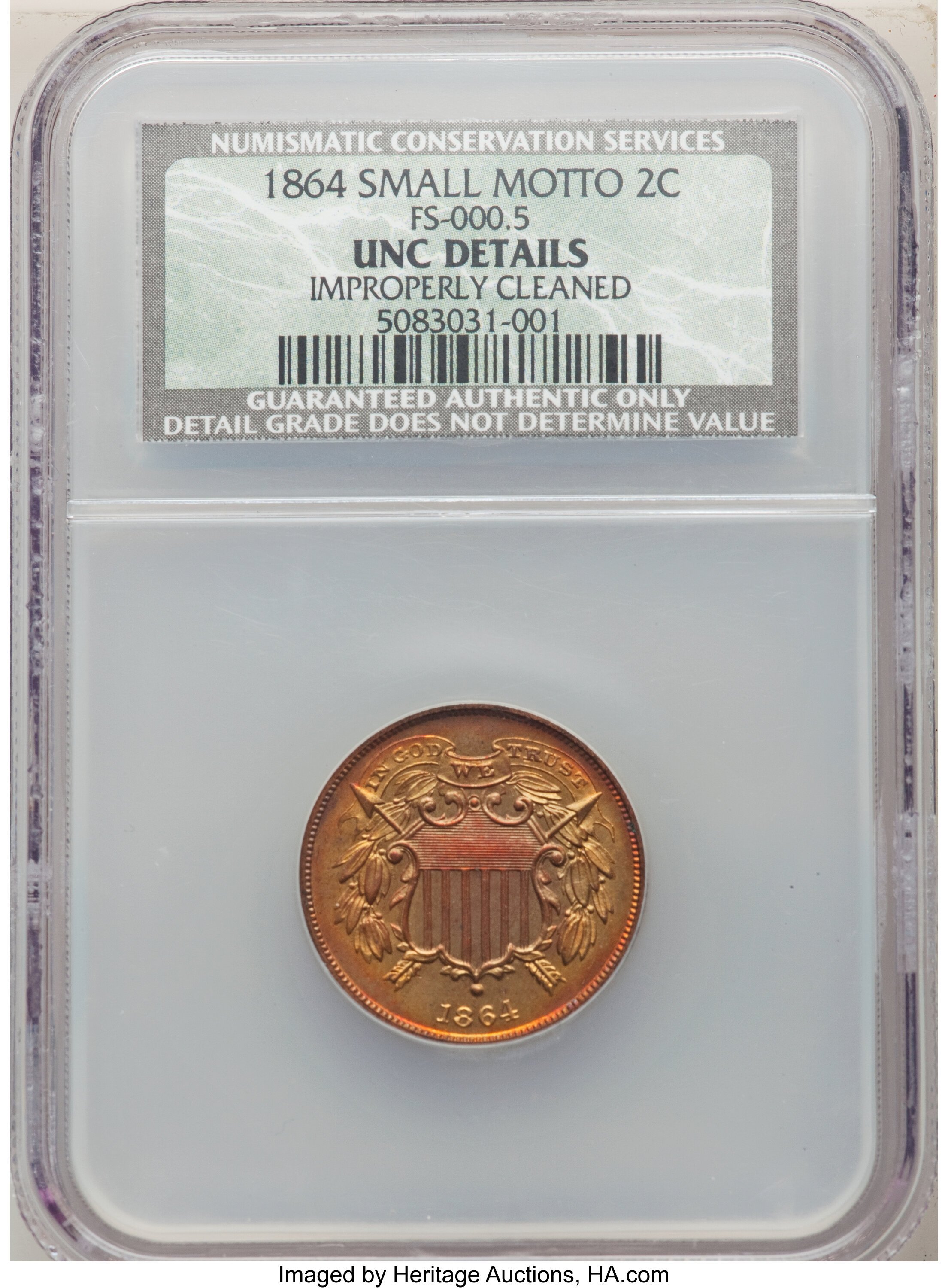 1864 2C Small Motto -- Improperly Cleaned -- NCS. Unc Details. FS-000.5. Mintage 19,847,500....