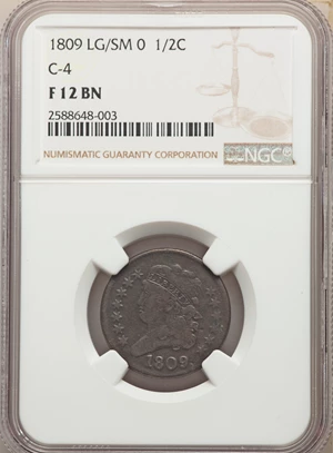 image for: 1809 1/2 C Small o Inside 0, C-4, B-1, R.3, Fine 12 NGC. NGC Census: (0/0). PCGS Population: (1/18). CDN: $250 Whsle. Bid f...