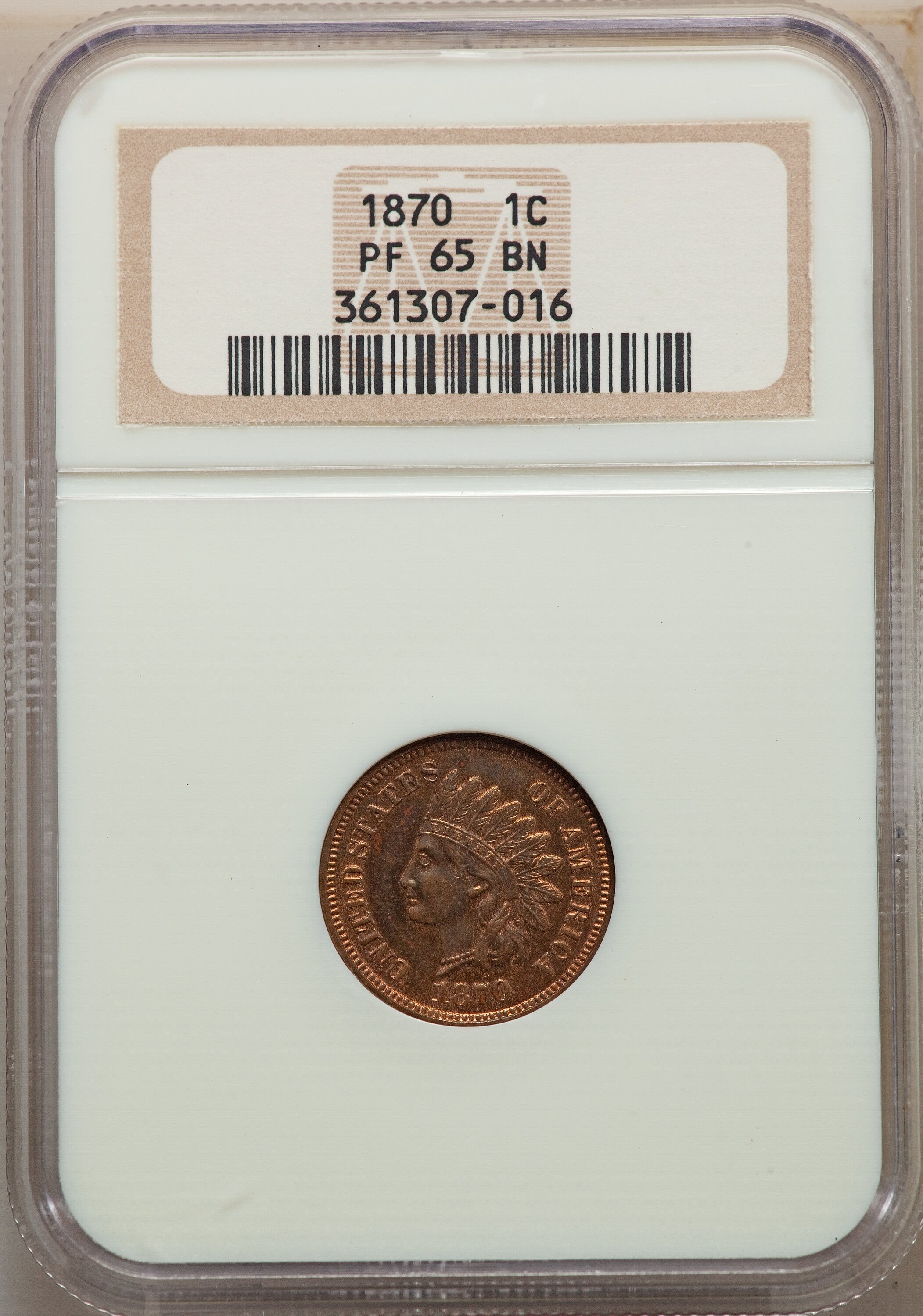 image for: 1870 1C PR65 Brown NGC. NGC Census: (5/0). PCGS Population: (6/1). CDN: $650 Whsle. Bid for NGC/PCGS PR65. Mintage 1,000. ...