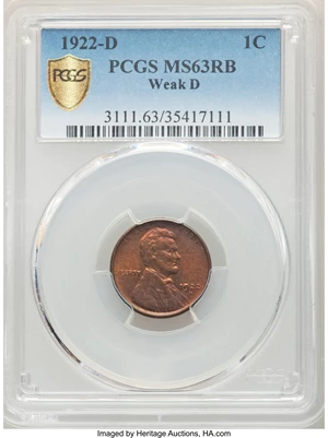 image for: 1922-D 1C Weak D MS63 Red and Brown PCGS. PCGS Population: (17/5 and 0/0+). NGC Census: (0/0 and 0/0+). CDN: $500 Whsle. Bi...