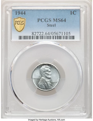 image for: 1944 1C Struck on a Zinc-Coated Steel Planchet MS64 PCGS....