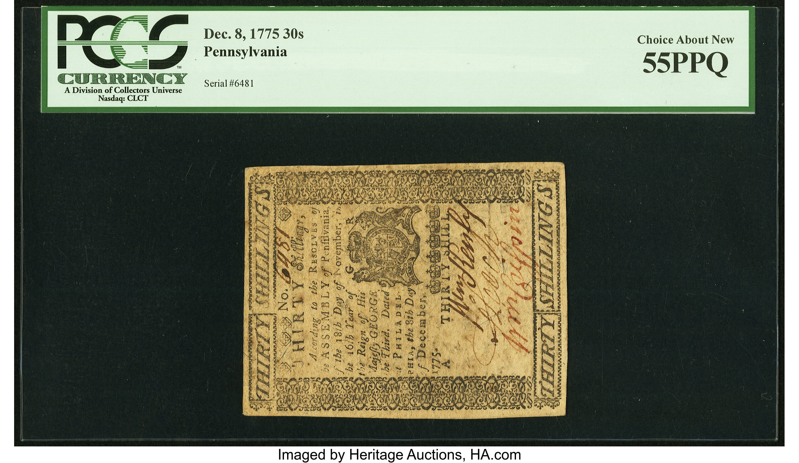 image for: Pennsylvania December 8, 1775 30s PCGS Choice About New 55PPQ....