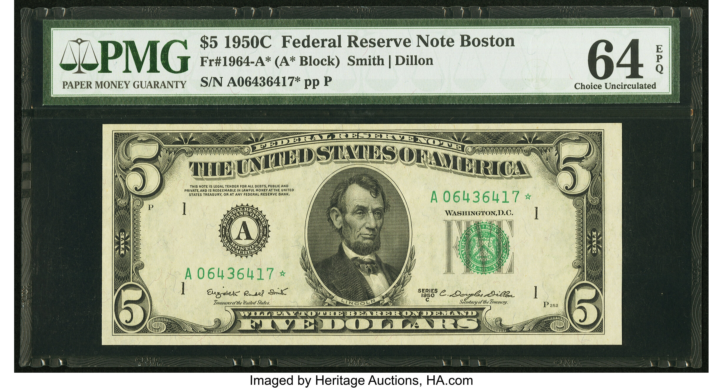 image for: Fr. 1964-A* $5 1950C Federal Reserve Note. PMG Choice Uncirculated 64 EPQ....