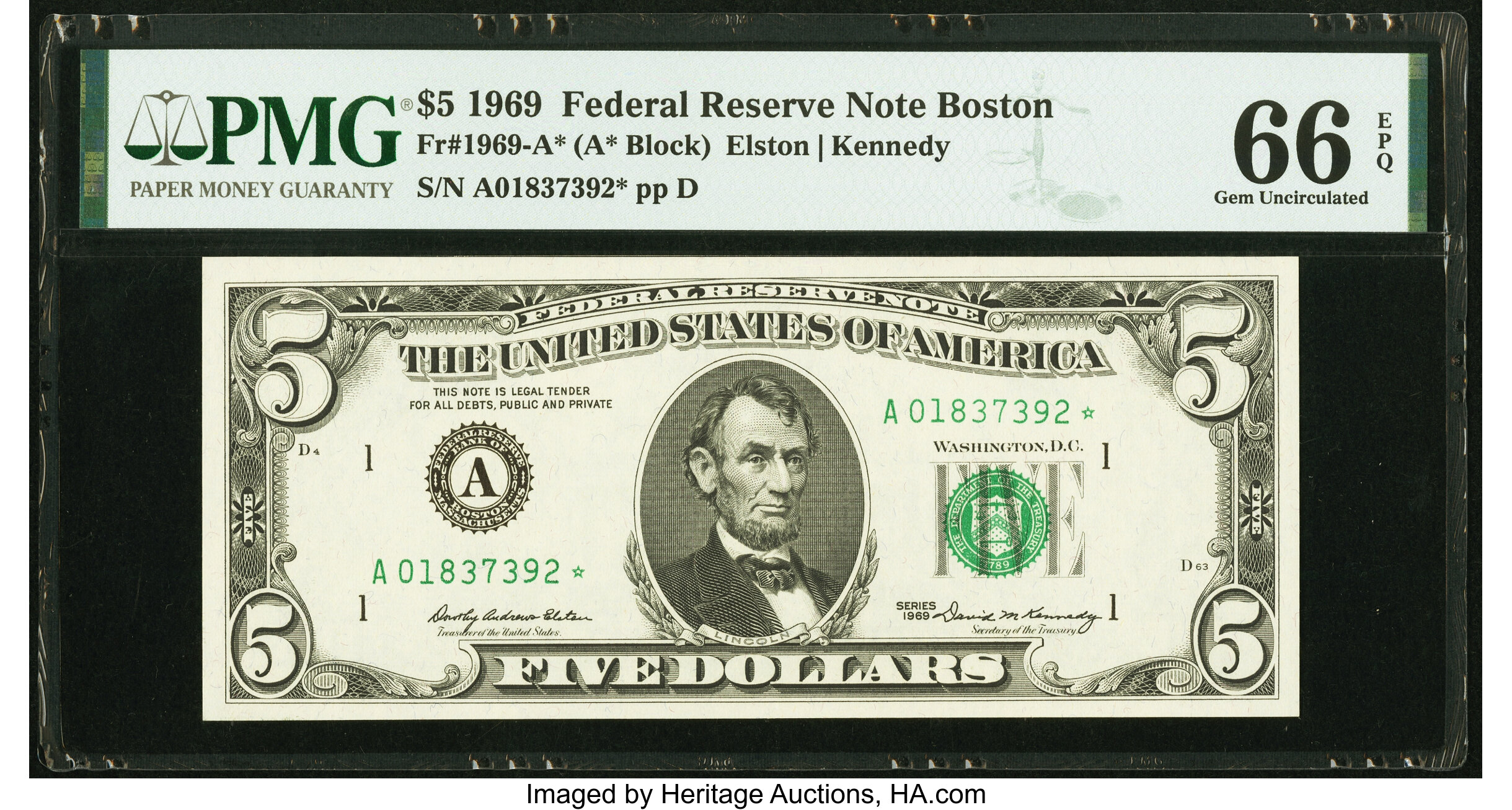 image for: Fr. 1969-A* $5 1969 Federal Reserve Note. PMG Gem Uncirculated 66 EPQ....