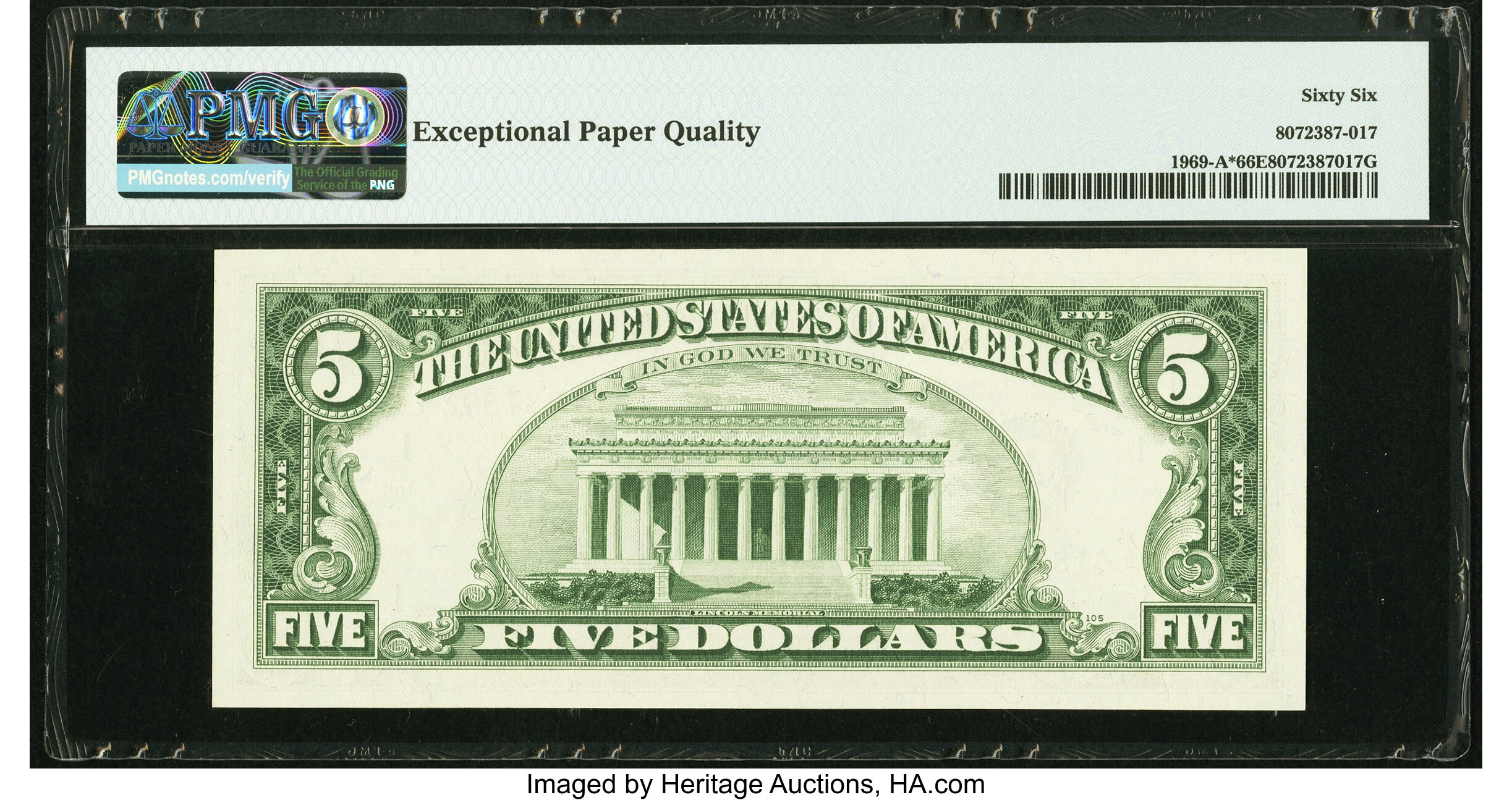 image for: Fr. 1969-A* $5 1969 Federal Reserve Note. PMG Gem Uncirculated 66 EPQ....