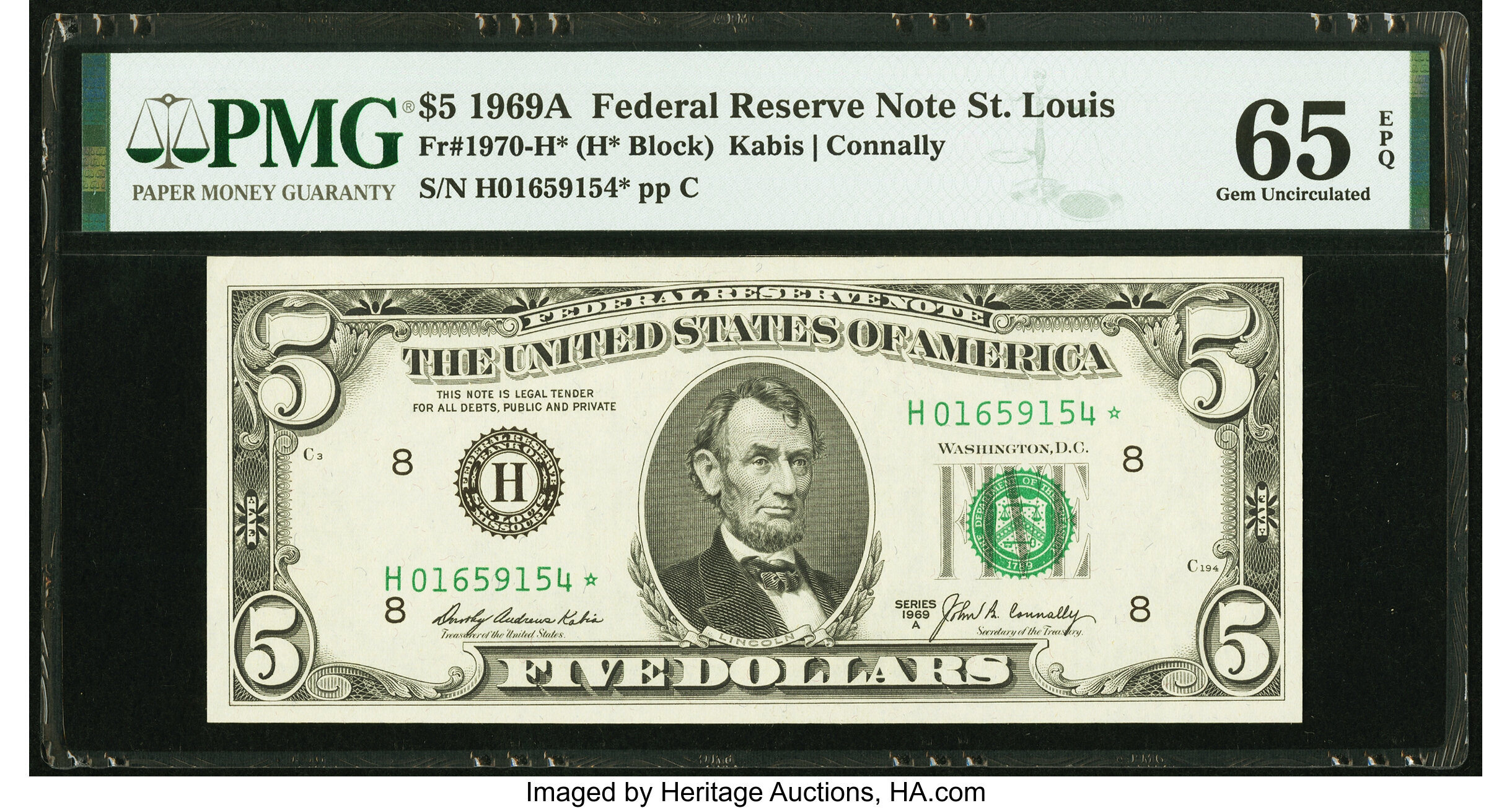 image for: Fr. 1970-H* $5 1969A Federal Reserve Note. PMG Gem Uncirculated 65 EPQ....