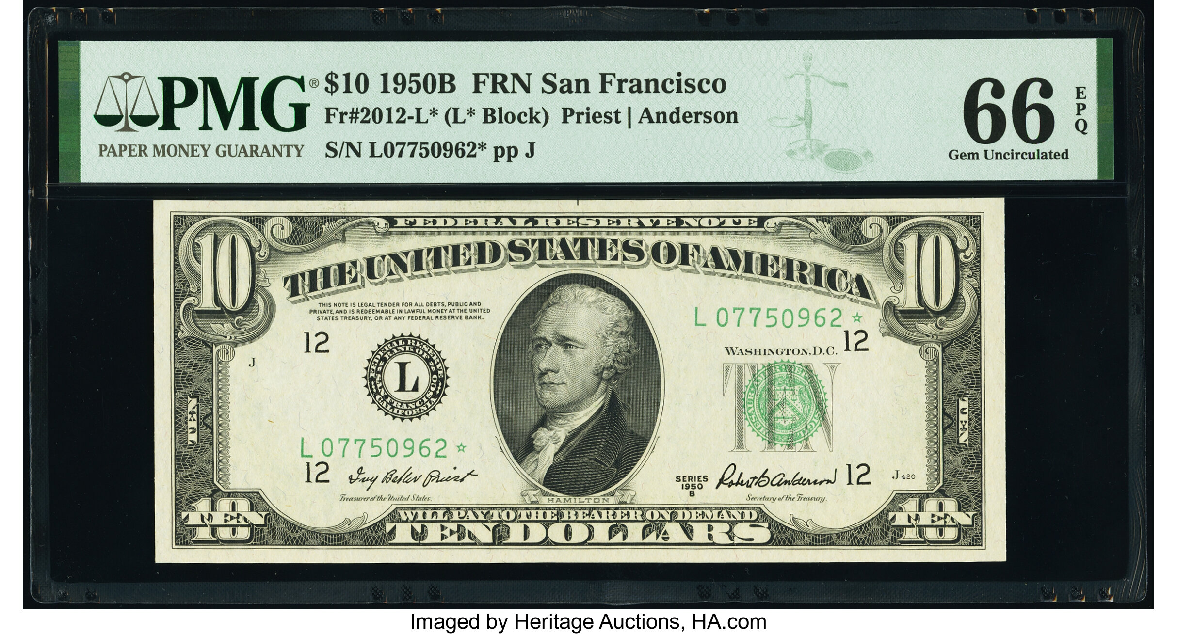 image for: Fr. 2012-L* $10 1950B Federal Reserve Star Note. PMG Gem Uncirculated 66 EPQ....