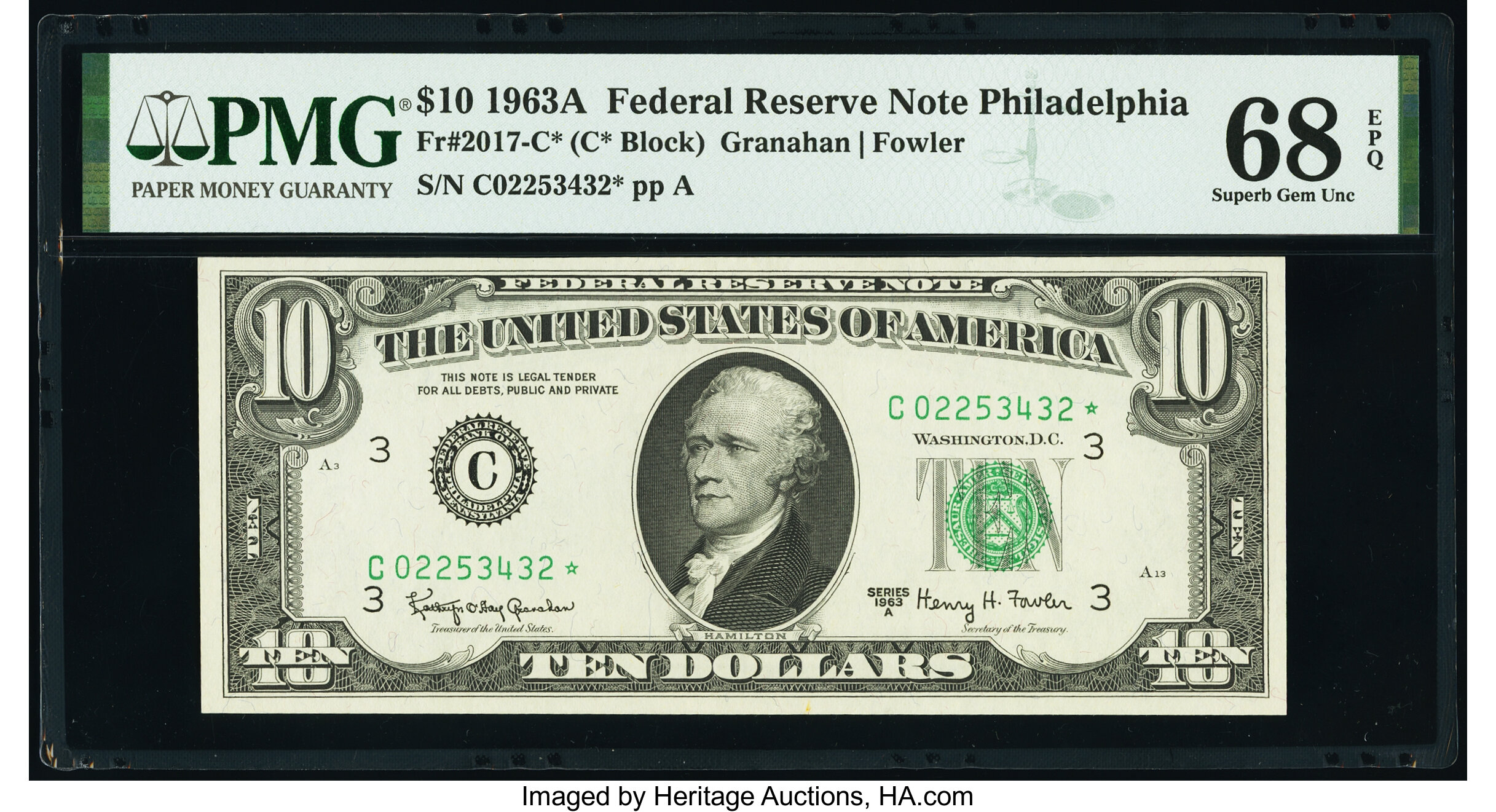 image for: Fr. 2017-C* $10 1963A Federal Reserve Star Note. PMG Superb Gem Unc 68 EPQ....