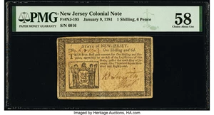 image for: New Jersey January 9, 1781 1s 6d PMG Choice About Unc 58....